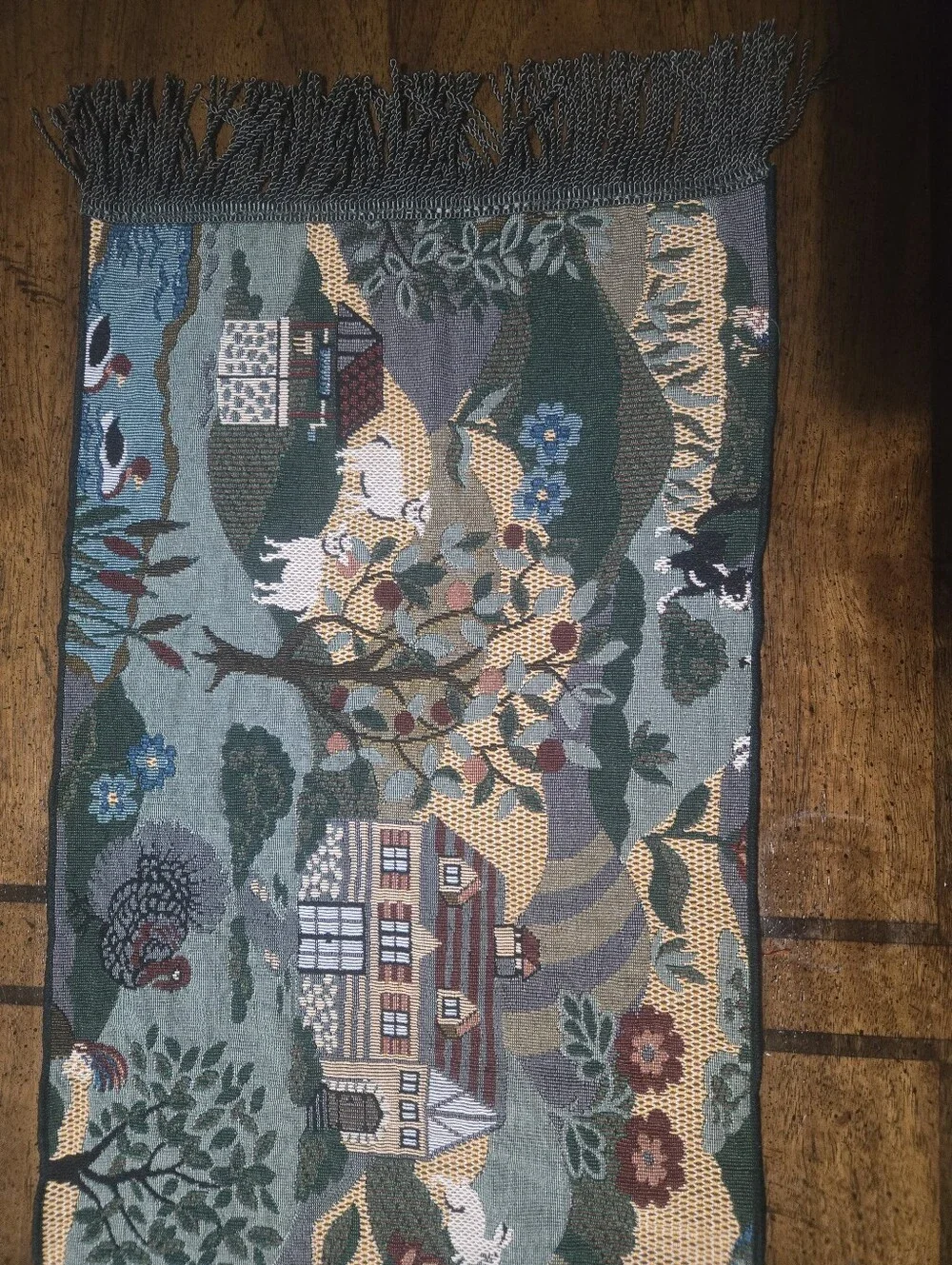 Scenic Tapestry Runner with Fringe - Village Motif. Size 33 Inches × 13 Inches
